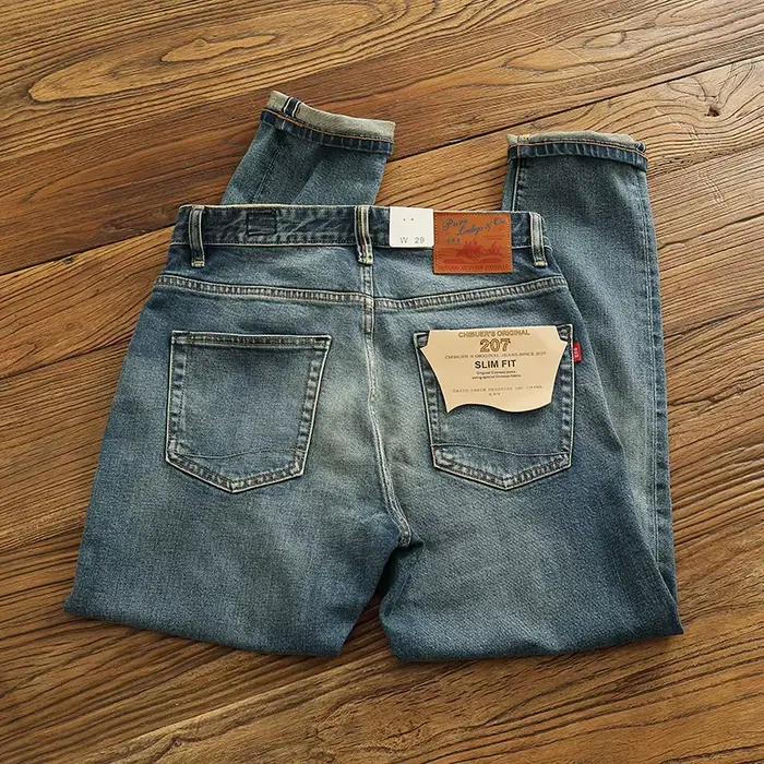 Jean en denim rouge pour homme, pantalon droit slim rétro, fabriqué à l'ancienne, lavé, ourlet lourd