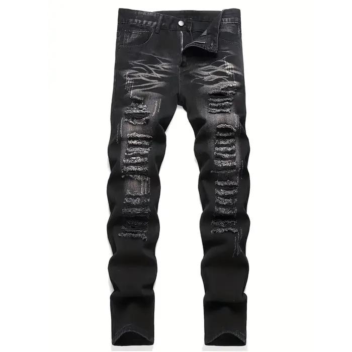 Streetwear tendance pour hommes : jean noir déchiré à jambe droite – un excellent cadeau pour les ma