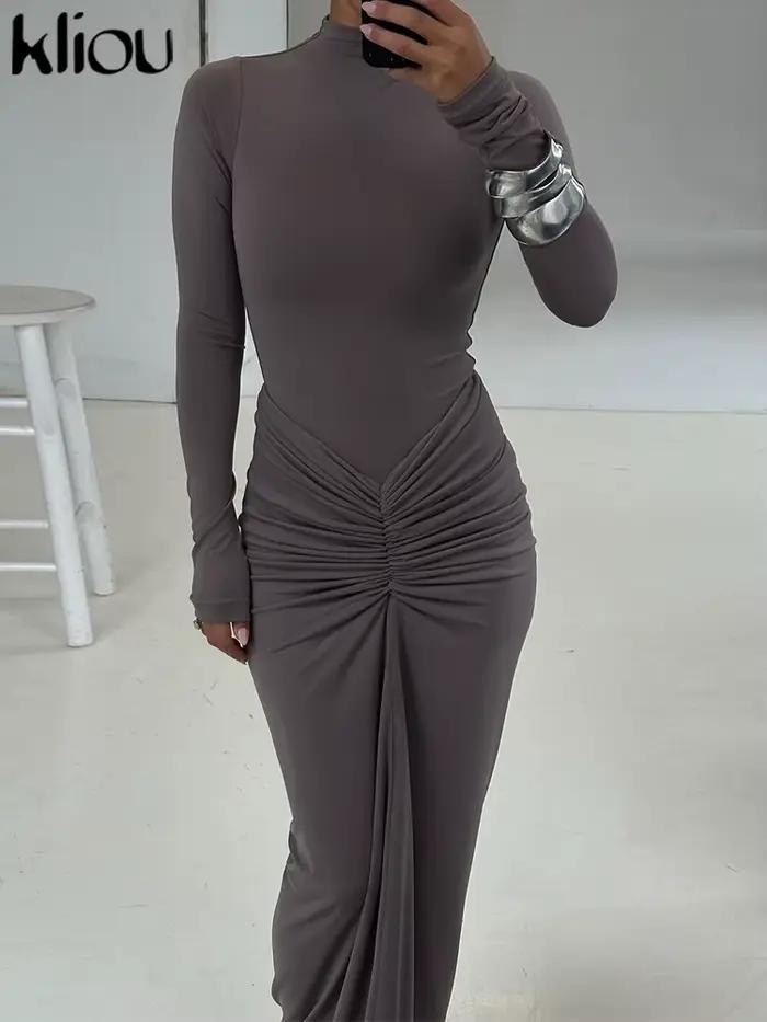 Kliou froncé femmes classique Robe Maxi automne nouveau solide à manches longues col haut moulage du