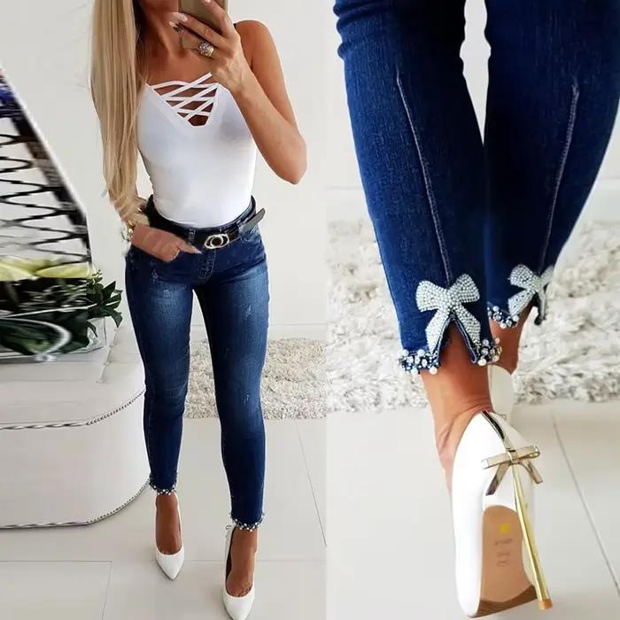 Pantalon crayon vintage pour femme, jean délavé, gaine, denim, longueur de rinçage, perles, poches s
