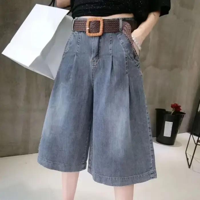 Pantalon Jean Midi Bleu pour Femme, Vêtement à la Mode avec Poches, Ceinture, Longueur aux Genoux, T