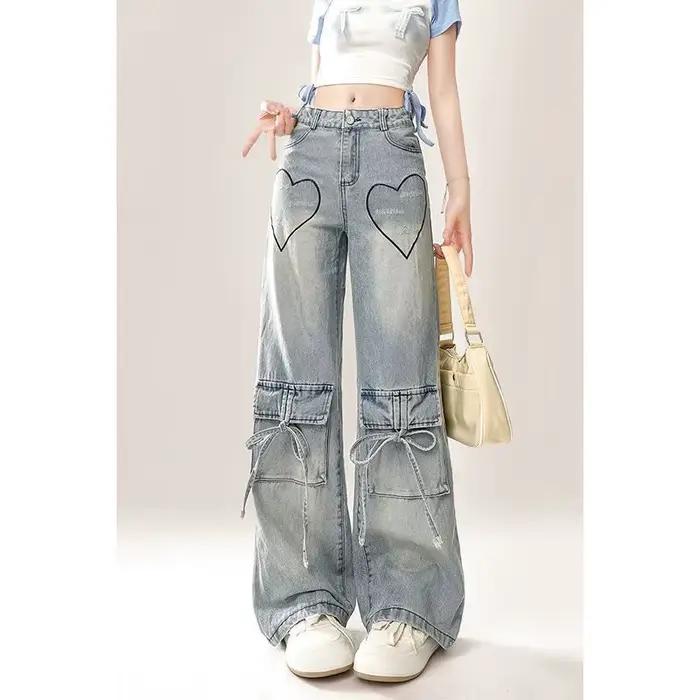 Jeans de travail brodés de coeur rétro américain pour femmes, gros mm, grande taille, niche, filles