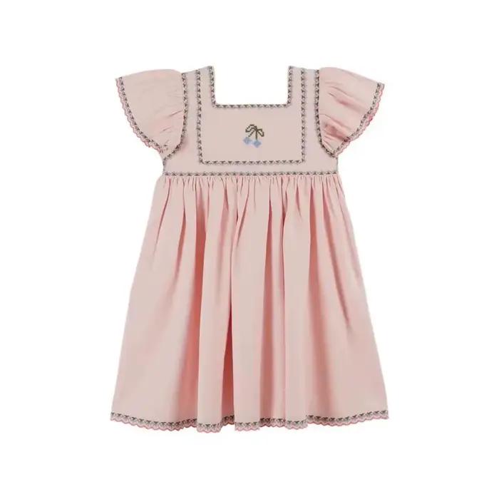Robe en jean plissée pour fille, broderie florale, manches courtes, style princesse, collection été