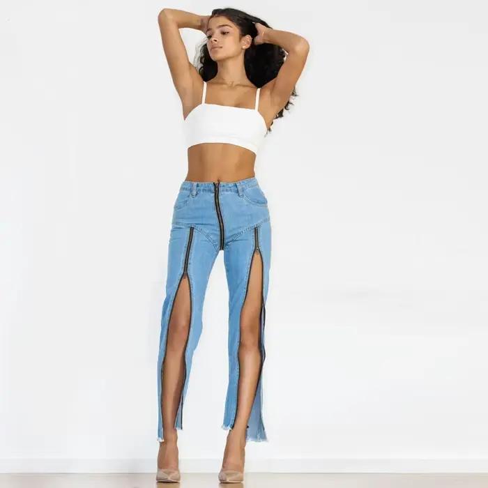 Shascullfites Jean droit slim pour femme avec plusieurs fermetures éclair, taille haute, pantalon en