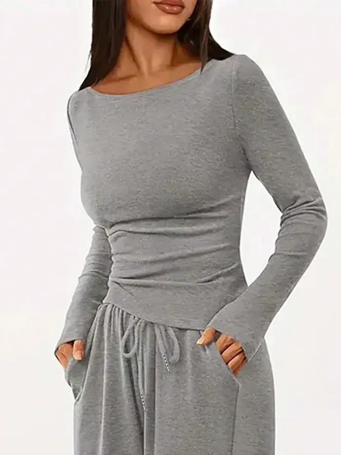 Pantalon gris taille haute à jambes larges, ensemble de vêtements de sport à manches courtes pour fe