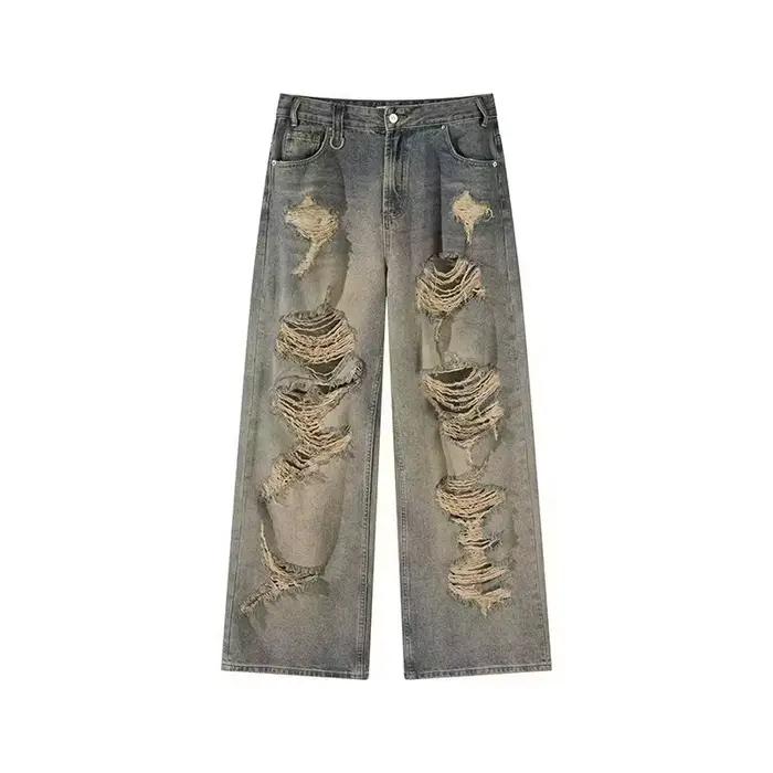 Jean déchiré style vintage pour homme – Coupe droite décontractée, taille haute, fermeture éclair, m