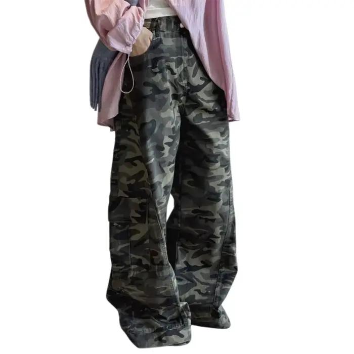 HanOrange 2026 début du printemps rétro Camouflage grande poche couteau incurvé jean femmes ample ja