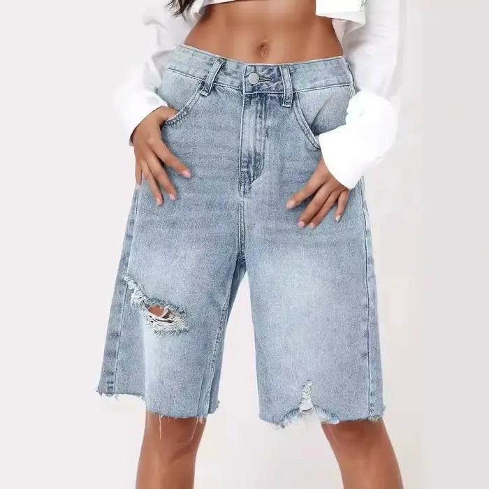 Jean en denim délavé taille haute vintage pour femme, coupe ample à bords effilochés, pantalon cinq-