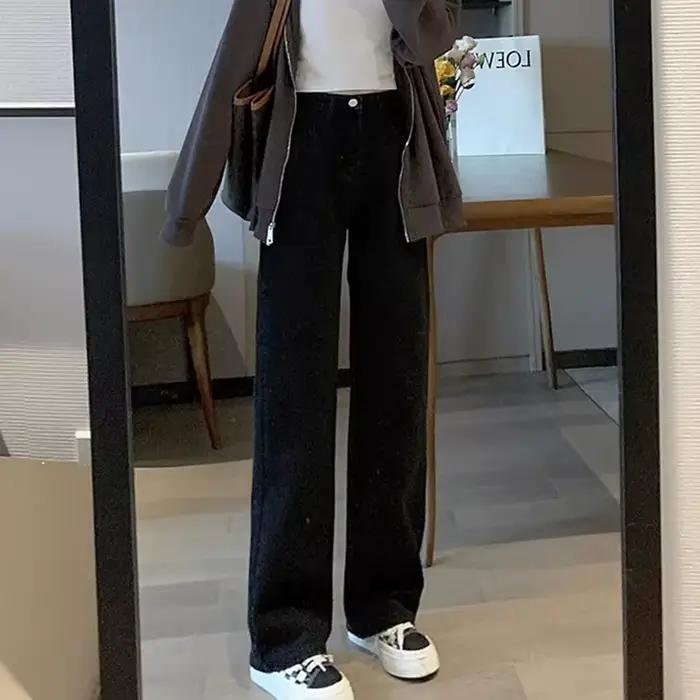 Jean Vintage à Jambes Larges pour Femme, Pantalon Taille Haute, Mode Féminine, Noir, Gris, Rétro, Bl