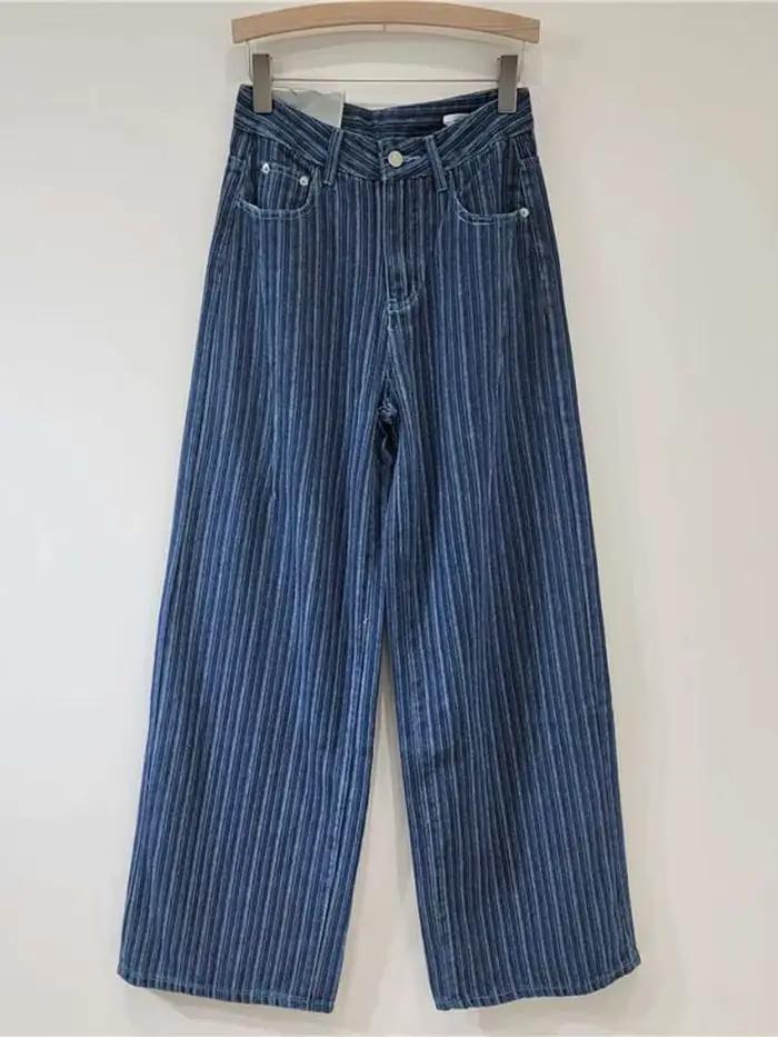 DEAT femmes jean taille haute lavé rayé ample droite jambe large Vintage pantalon Denim décontracté