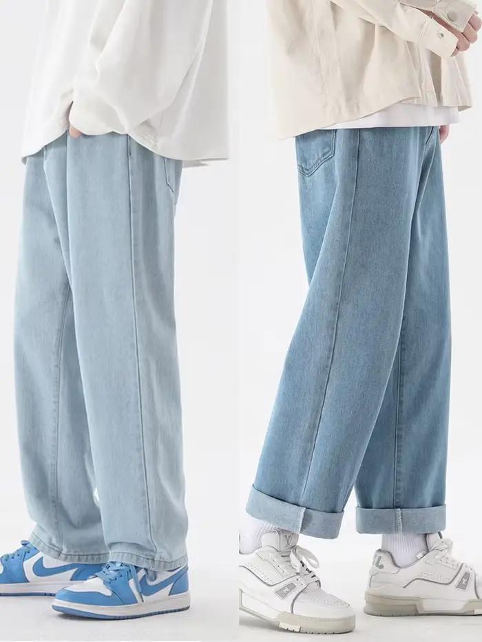 Jean décontracté pour hommes, longueur cheville, classique, droit, Denim, jambes larges, bleu clair,