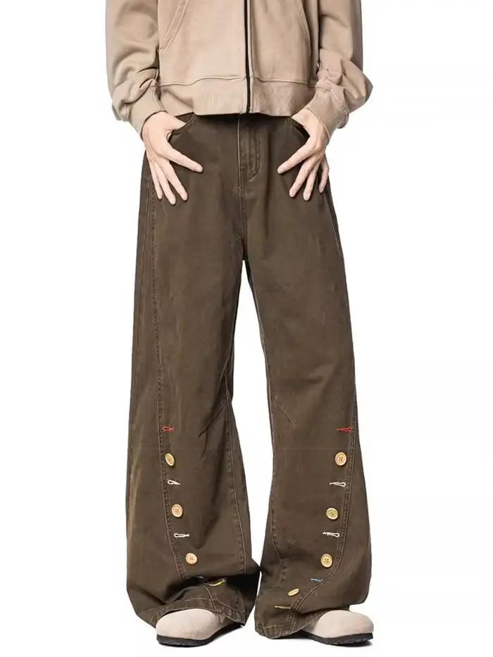 Jean Américain Rétro Marron Coupe Ample à Boutons pour Homme, Pantalon en Denim Droit et Courbé Déco