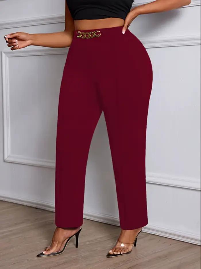 Pantalon taille haute droit pour femme grande taille avec chaîne décorative – Élégant et chic – Idéa