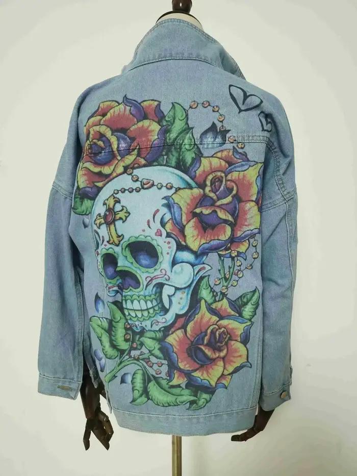 Lugentolo-Veste en Jean Crâne pour Femme, Streetwear, Mode, Manches sulf, Revers, Imprimé, Denim