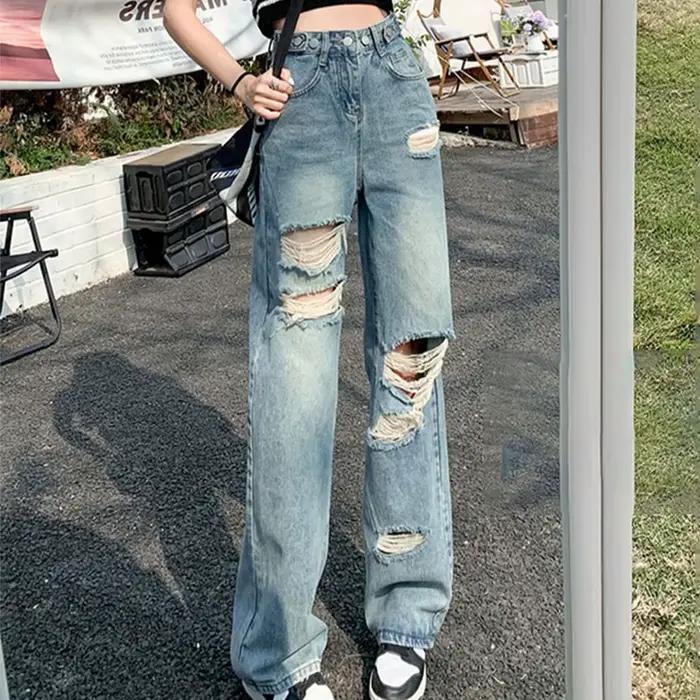 Pantalon en Jean déchiré pour filles épicées, Chic, taille haute, Slim, droit, assorti avec tout, bl