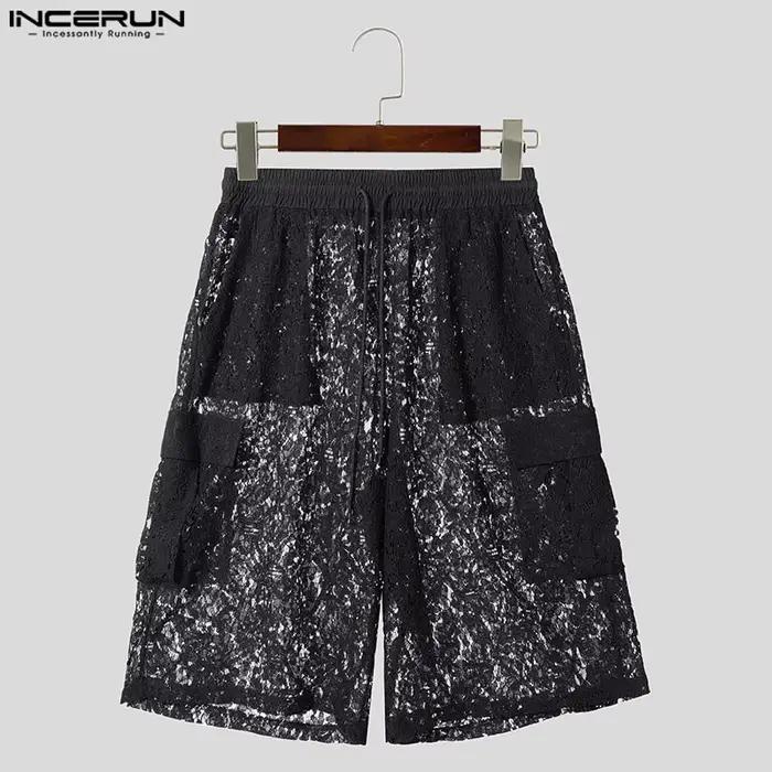 Mode hommes dentelle Shorts Streetwear bas décontracté és ample été Shorts pantalon mâle voir à trav