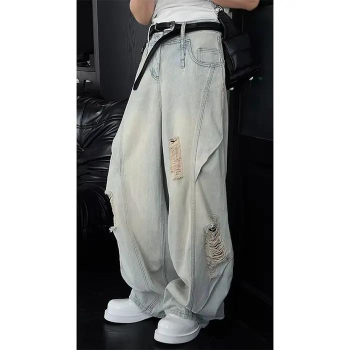 Nouveau Jean déchiré délavé pour homme, style streetwear américain, coupe droite large Scimitar