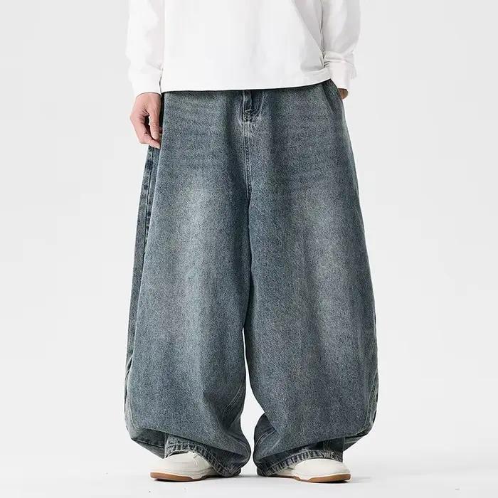 Jean à jambes droites pour hommes, grande taille, Style Hong Kong, jambes larges, décontracté, délav