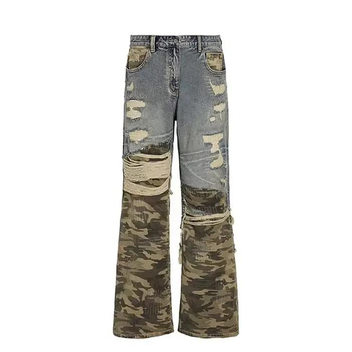 Jeans patchwork camouflage rétro américain pour hommes et femmes, pantalon large à effet vieilli, te