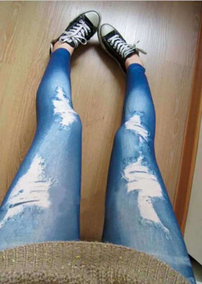 Femmes déchiré Denim Jean Look Leggings maigres Slim jegging pantalon bleu noir