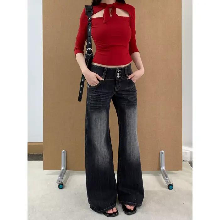 Jean en denim pour femme, coupe slim, taille haute, style vintage, streetwear Y2K, élégant, avec emp