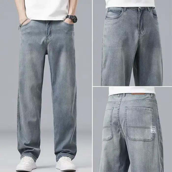 Été Ultra-mince Lyocell hommes jean drapé tissu doux ample droit décontracté Denim pantalon élastiqu