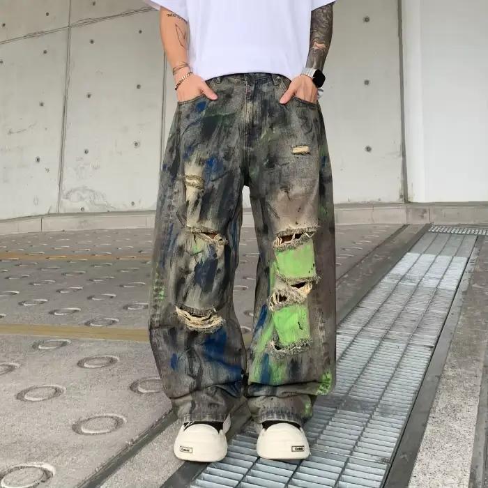 PFHQ 2026 Printemps Nouveau Jean déchiré tendance pour homme Coupe droite ample Lavé Décoration impr