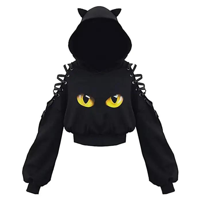 Y2k gothique femmes à capuche chat oreille haut court sweat à capuche évider à lacets à manches long