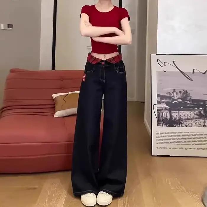 Jean Long brodé pour filles, doux, américain, mignon, noir, droit, taille haute, jambes larges, nouv