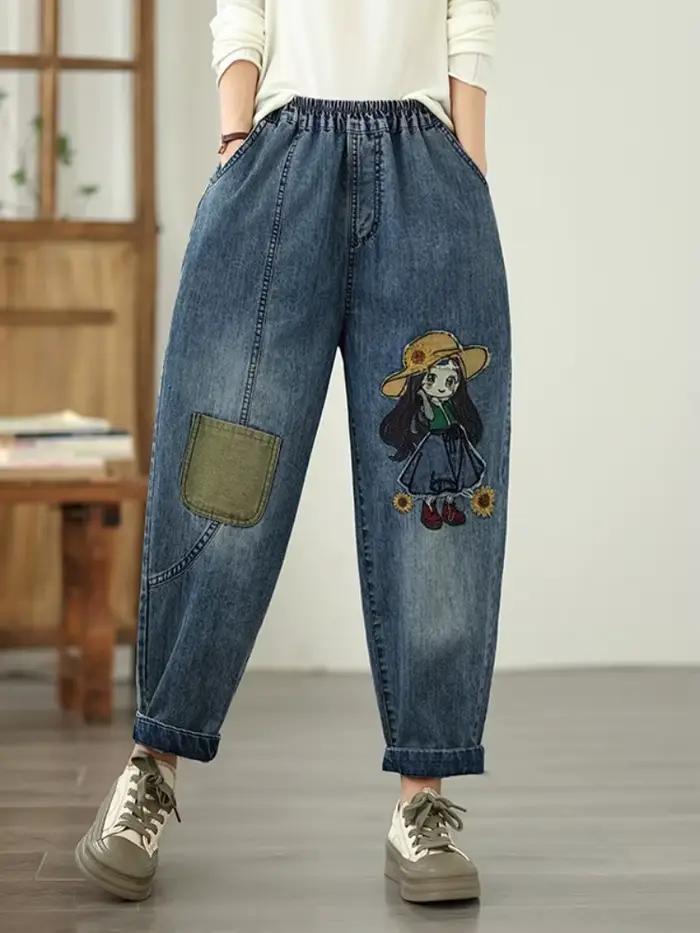 Surdimensionné printemps automne décontracté ample jean vintage broderie nouveau en jean femme taill