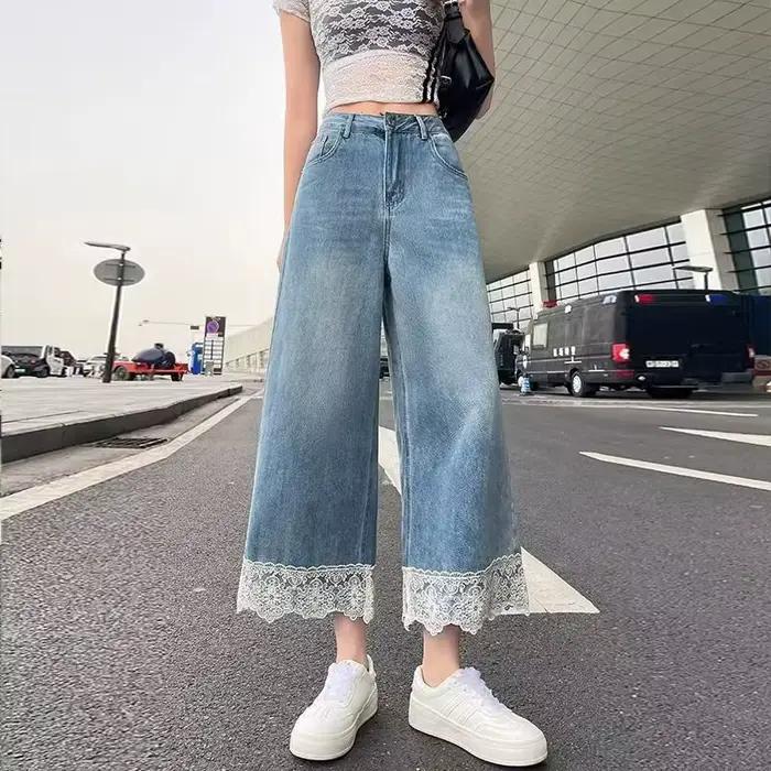 Jean large en dentelle ultra-fin pour femme, taille haute, nouveau style, coupe droite amincissante,