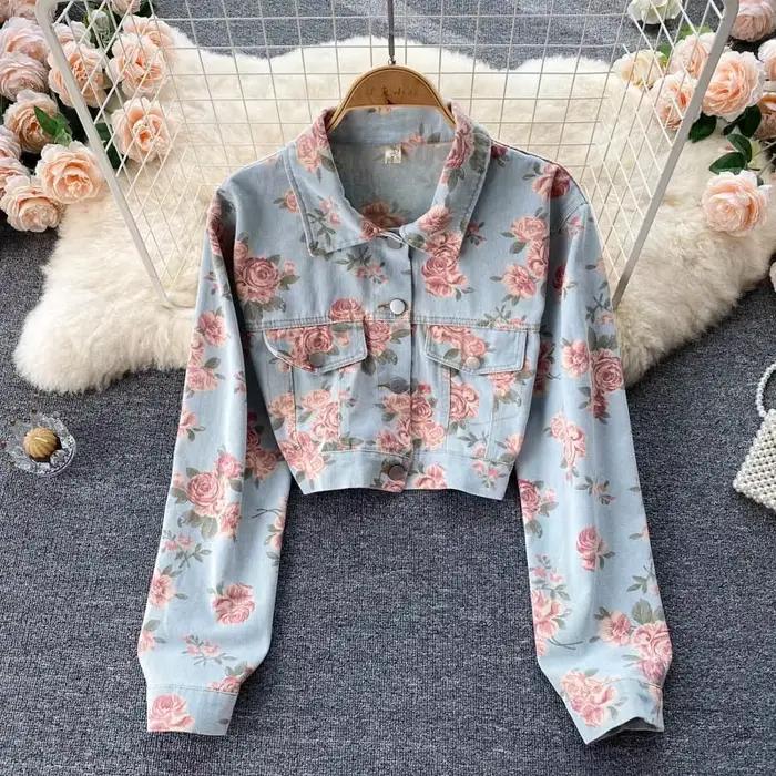 Veste en jean Vintage imprimé Floral pour femmes, nouvelle mode d'automne à manches longues, simple