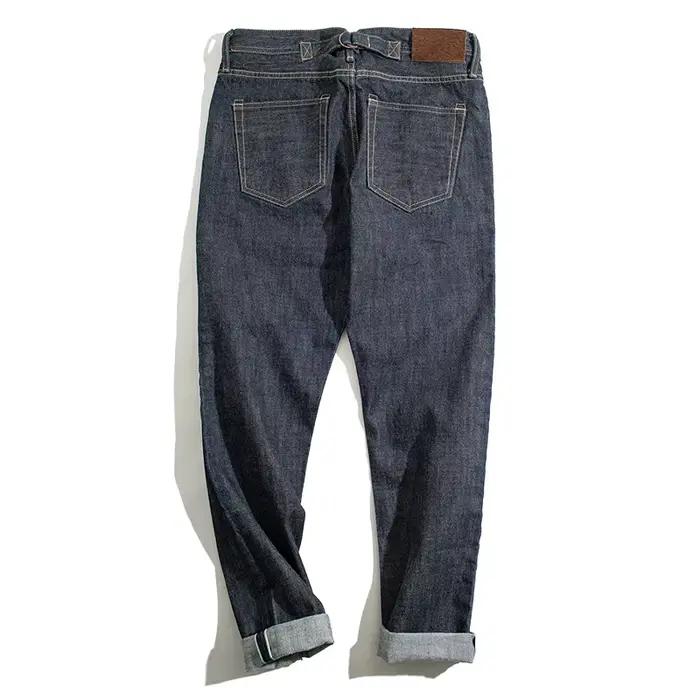 Maden Vintage 14oz lisière jean en Denim brut crin de cheval Patch en cuir jean coupe droite hommes