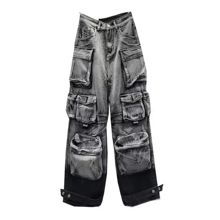 Jean femme Denim en détresse Multi poche Y2k Streetwear Cargo pantalon décontracté taille haute ferm