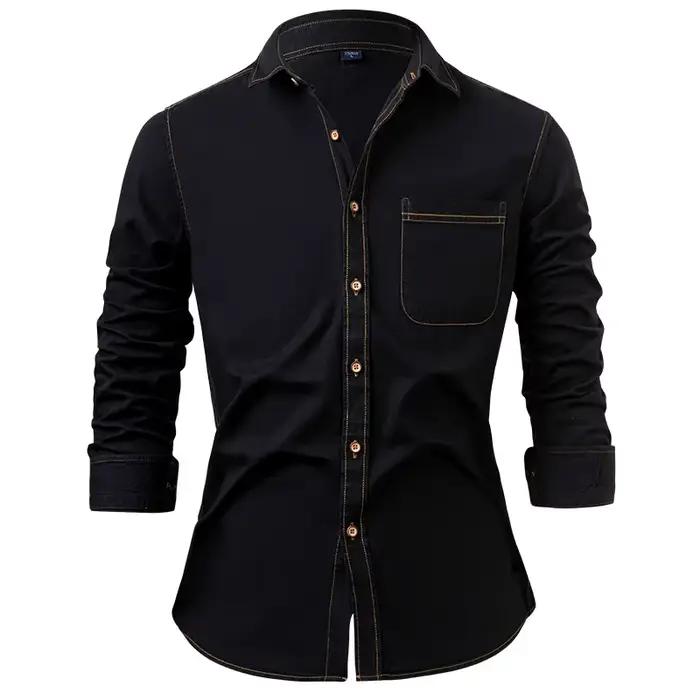 Chemise en jean américaine 2026 pour homme, 100 % coton, infroissable, couleur unie, à manches longu
