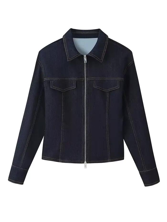 HH femmes mode Vintage Denim costume mince revers fermeture éclair manches longues