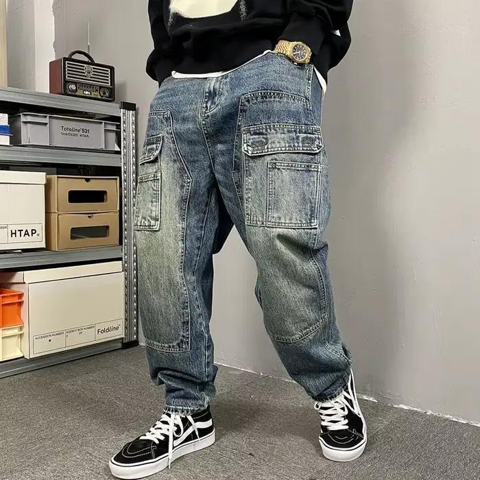 Automne américain décontracté ruffian beau lavé rétro outillage jean hommes droit ample haute rue pantalon conique marée