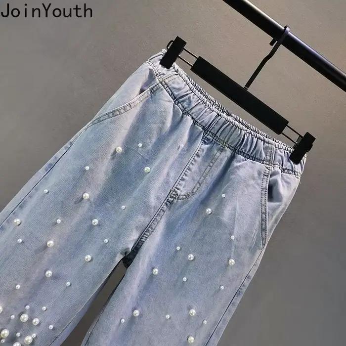 Jean coréen Femme Streetwear mode Denim sarouel 2025 nouveaux bas taille élastique perles décontracté Vintage Y2k