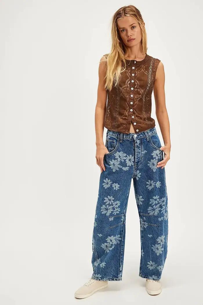 Boho plage bleu coton Denim jean pour femmes pantalon décontracté ample taille moyenne Tube en forme