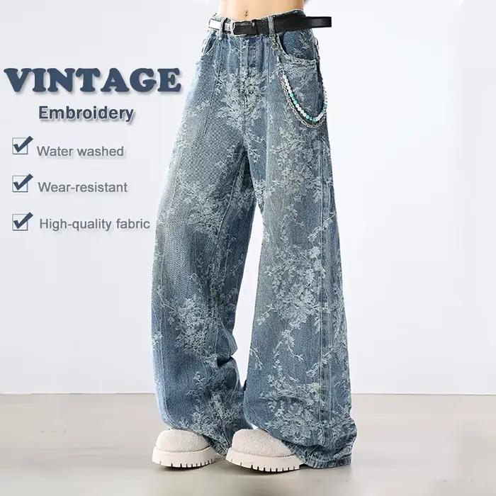 Jean brodé automne hiver nouveaux Styles pantalon ample à jambes larges rétro droit résistant à l'usure lavage à l'eau