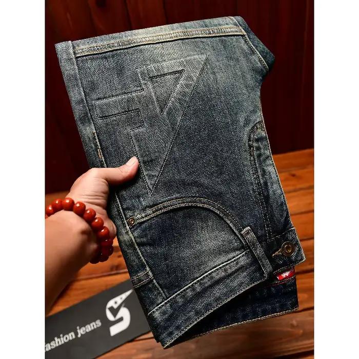 Jean fuselé homme style rétro américain tendance streetwear toile délavée broderie légèrement extensible pour printemps et automne faire du shopping