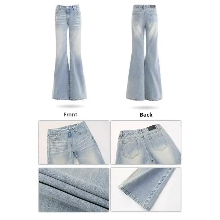 Jean taille basse évasé bleu clair délavé avec dentelle pour femmes - Style tendance - Polyvalent - Printemps-été