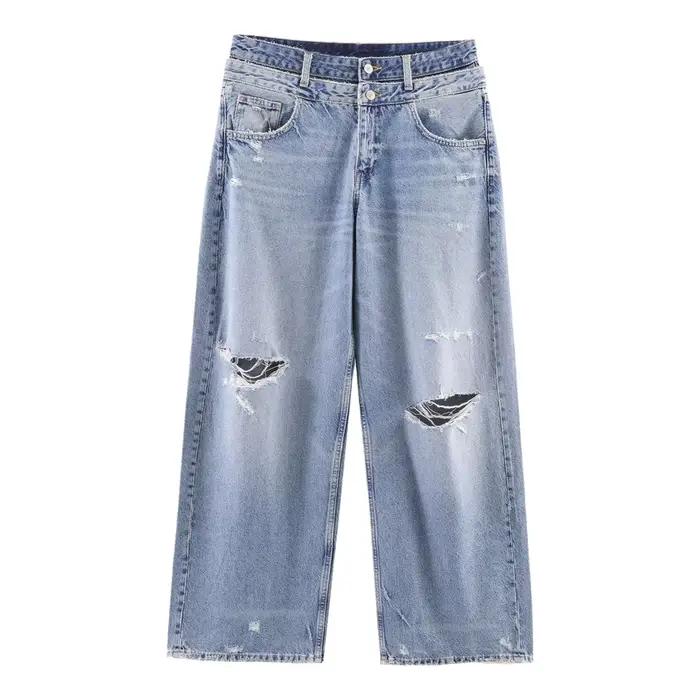 Jean droit taille mi-haute double couche pour femme