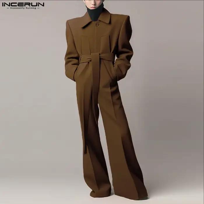 INCERUN hommes salopette couleur unie revers à manches longues décontracté jambe large combinaisons ample Streetwear 2025 mode mâle barboteuses S-5XL