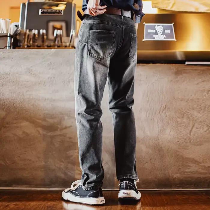 Maden Jeans en denim épais vintage pour hommes 13 oz Pantalon conique à jambe droite gris délavé