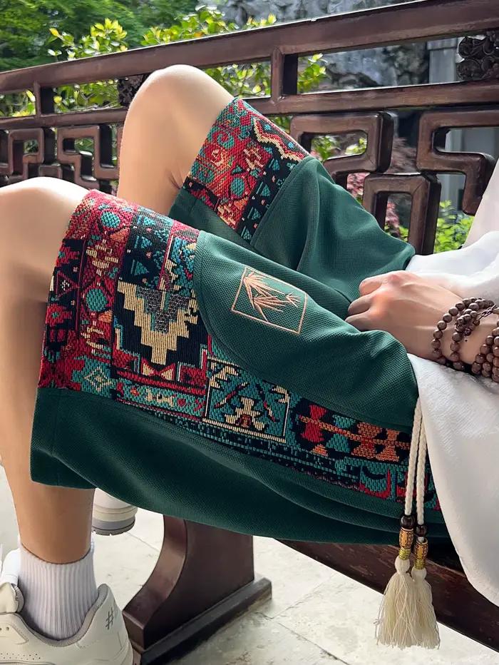Short à motif ethnique brodé pour hommes avec poches