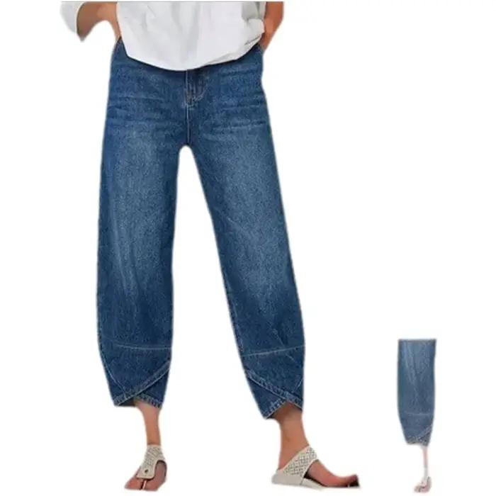 Jean ample à jambe large décontracté pour femmes, confortable, coupe haute, printemps-automne, toile coton-polyester, poches pratiques, idéal pour toutes occasions décontractées