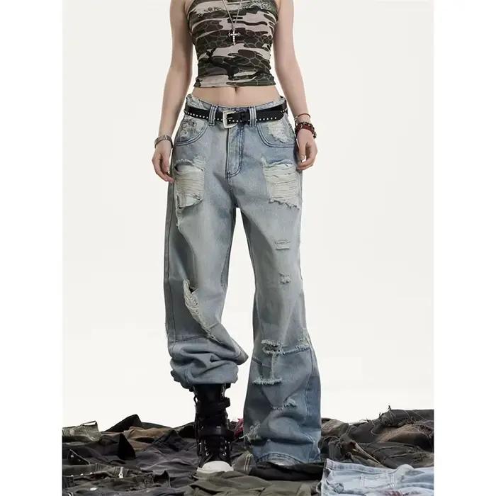Jeans déchirés vintage pour femmes, style streetwear, pantalon de cow-boy, Harajuku, denim oversize, pantalon à jambes larges, été printemps