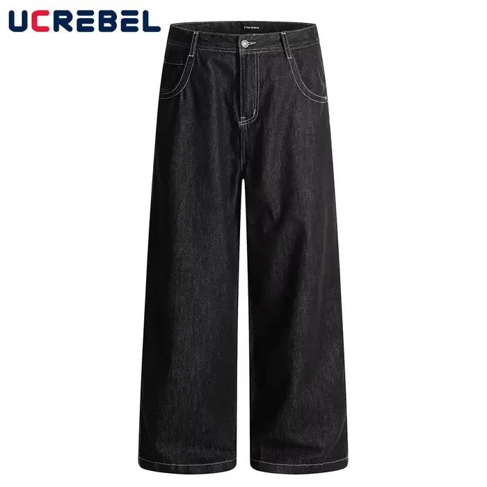 Poche broderie jean foncé hommes Top point rétro haute rue droite ample jambe large Denim pantalon