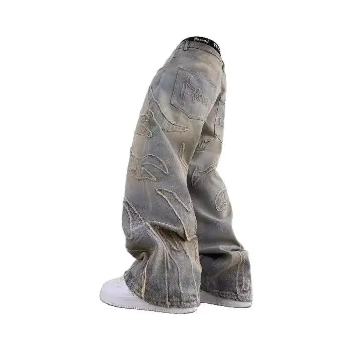 Jean ample Vintage Harajuku brodé de chauve-souris Hommes Style Streetwear Pantalon droit Mode Printemps Automne Denim Délavé Paresseux Occasions Spéciales